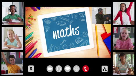 animation of interface screen with text, maths, teacher and six diverse children in online lesson