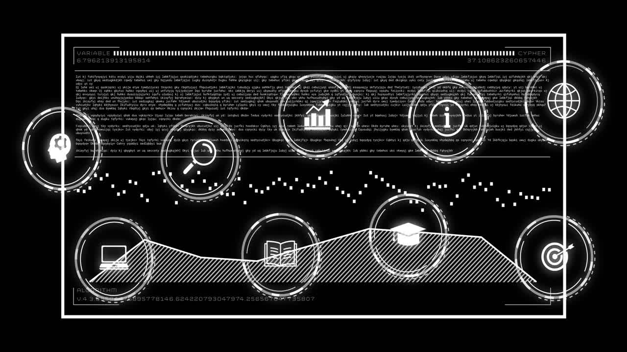Data processing and analysis animation over various icons and text on black background