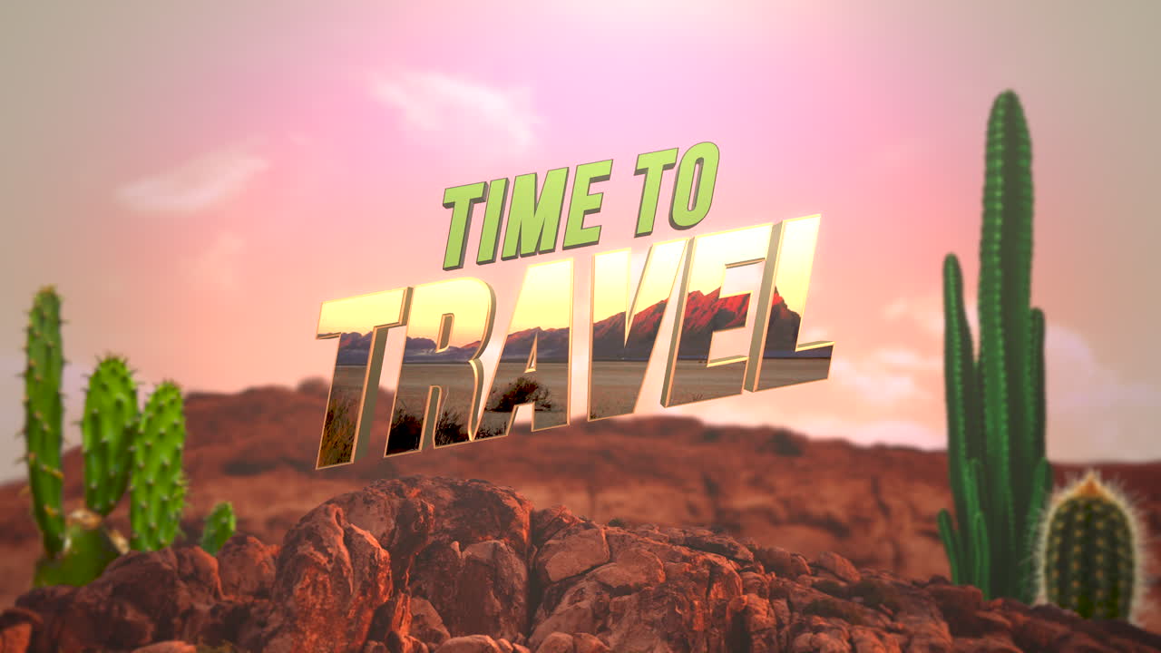 석양에 산과 선인장이 있는 사막 풍경을 여행할 시간