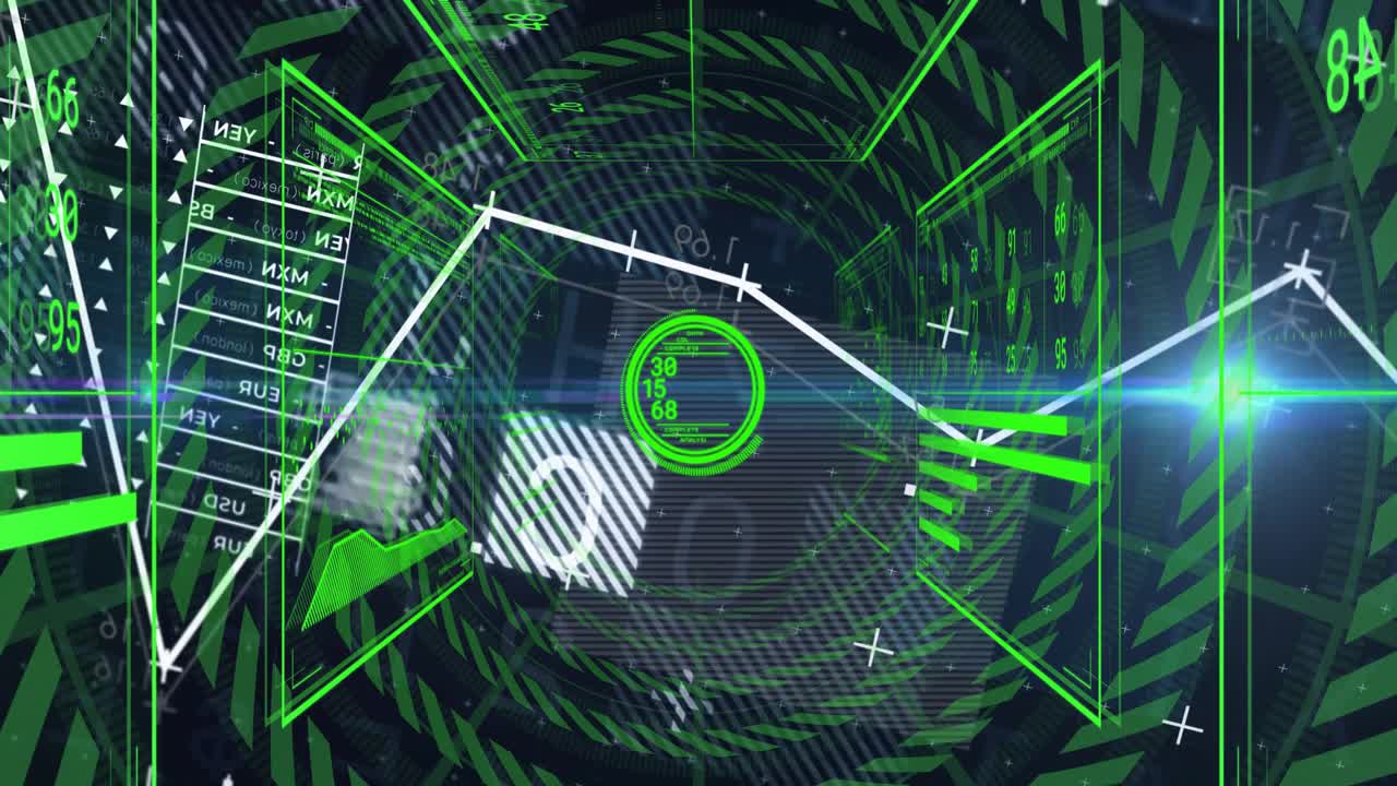 Rapid zooming into HUD focusing values while polyline graph bending, panels rotating showing data
