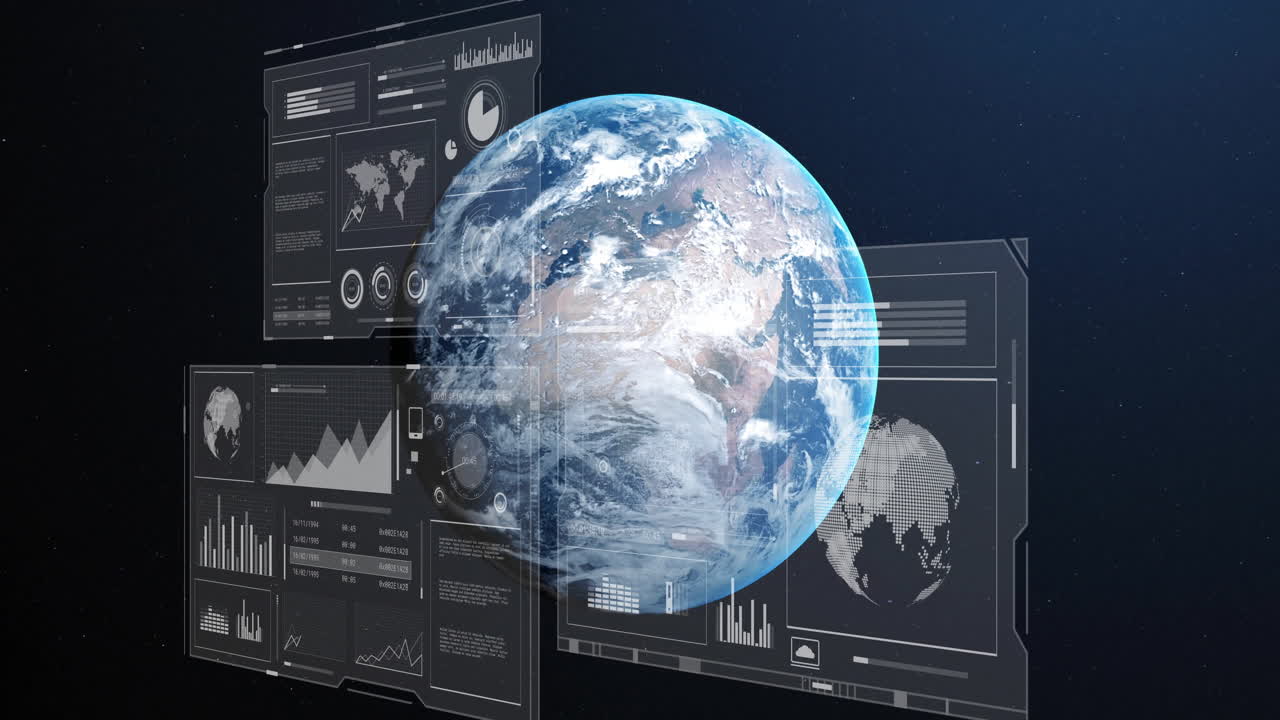 Rotating Earth with data charts and graphs animation on digital interface background
