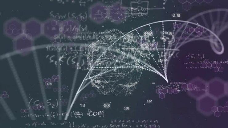 Animação de processamento de dados e globo sobre fita de DNA