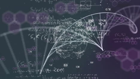 animación del procesamiento de datos y globo sobre cadena de adn.