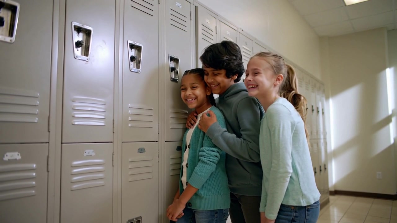 Camera moving closer, students in teal tops leaning, laughing in school hall by lockers, copy space