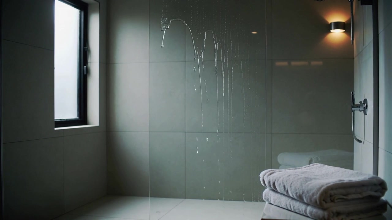 Shower starting, glass shower partition forming droplets and streaks in bathroom, with towels