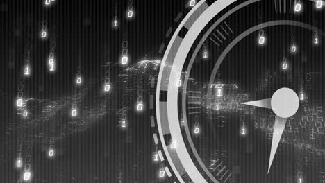 animación de reloj en movimiento sobre procesamiento de datos en fondo negro