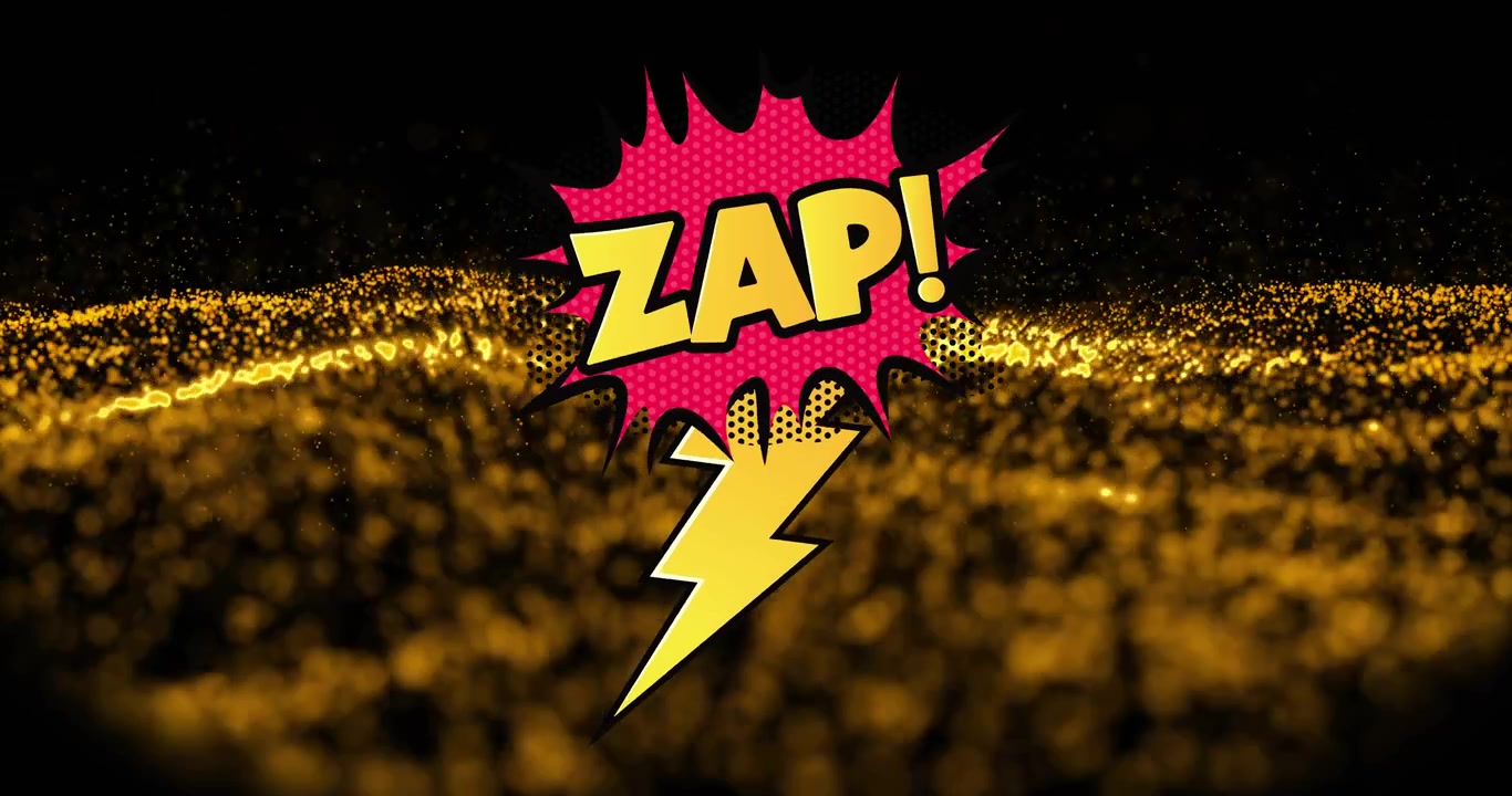 Animation von Zap-Text über orangefarbenen Punkten auf schwarzem Hintergrund