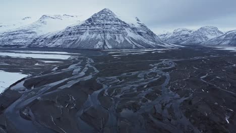 Flussmündung-In-Der-Nähe-Schneebedeckter-Berge