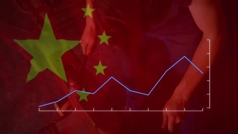 animation of financial data processing, flag of china over worker in factory