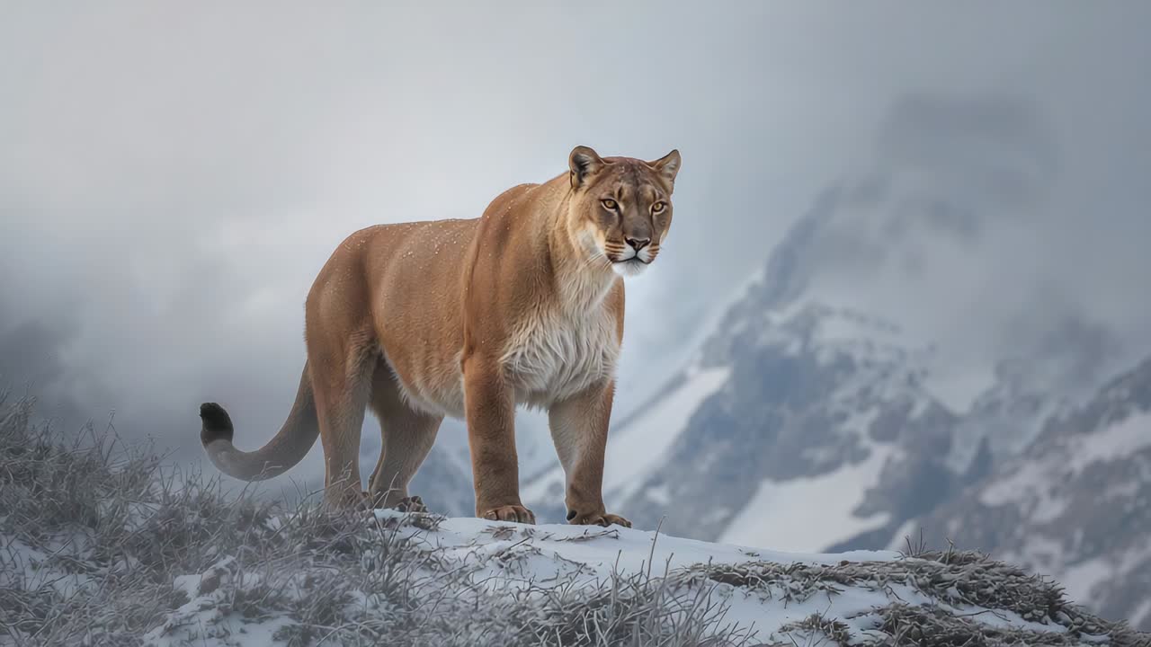 Puma adulto de pie reaccionando a la nieve que cae y la niebla, girando la cabeza y escaneando la cresta