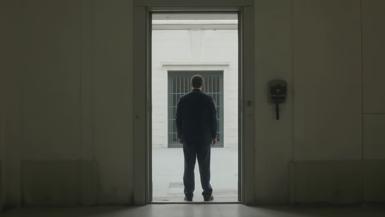 Hombre con chaqueta oscura desplazando el peso y caminando hacia un patio iluminado, pasando un intercomunicador y una ventana enrejada