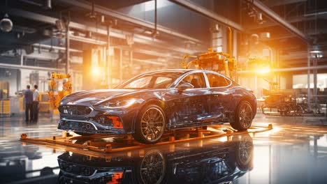 high-tech manufacturing facility showcasing a luxury car prototype assembly