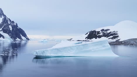 Luftaufnahme-Eines-Antarktischen-Eisbergs-Mit-Einer-Drohne,-Große,-Wunderschöne-Eisberge,-Die-Im-Südlichen-Ozean-In-Ruhigem,-Flachem,-Blauem-Meerwasser-Auf-Der-Antarktischen-Halbinsel-Mit-Landschaftskulisse-Auf-Dem-Festland-Schwimmen