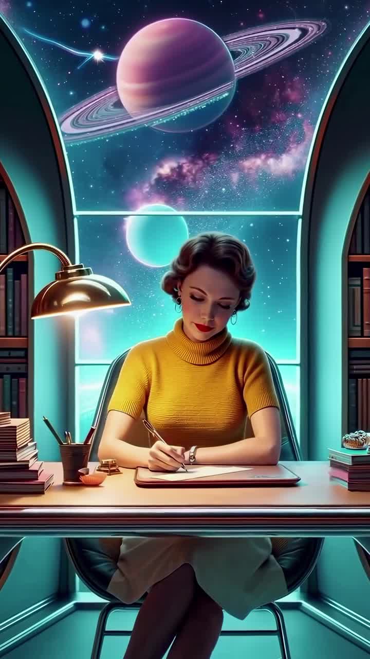 Donna che scrive alla scrivania in una stanza futuristica con vista sullo spazio.