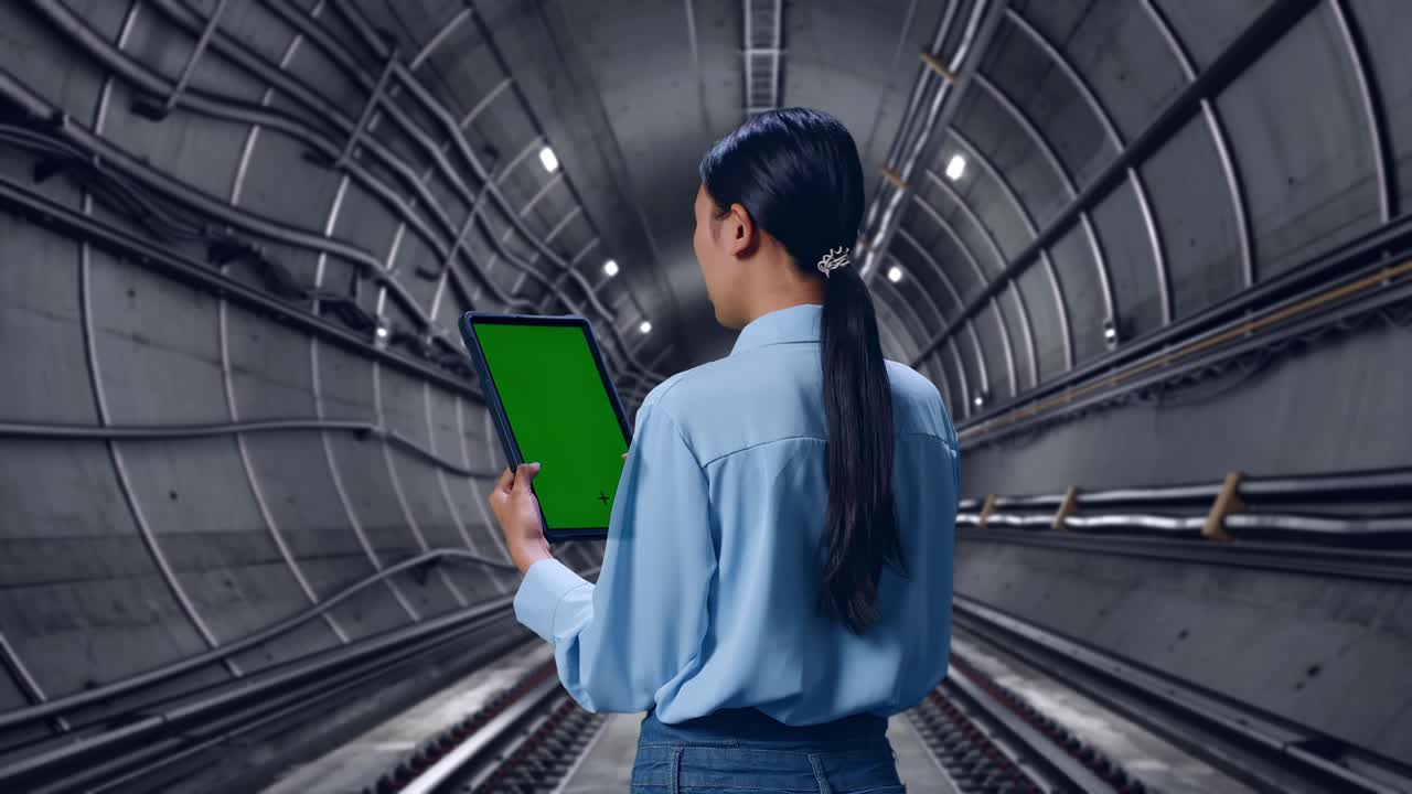 Back View Of Asian Female In Underground Subway Tunnel, Checking On Tablet With Green Screen And Look At The Subway Tunnel