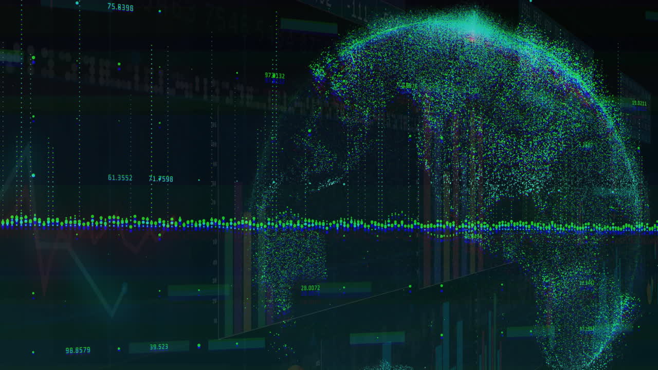 animación del globo, estadísticas y procesamiento de datos digitales sobre un fondo oscuro