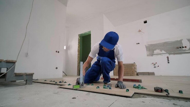 Installing ceramic floor tiles - measuring and cutting the pieces. Construction, renovation, repair apartment. Cuts tile. Tile cutting