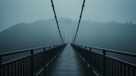 a suspension bridge disappears into the thick fog over a forest