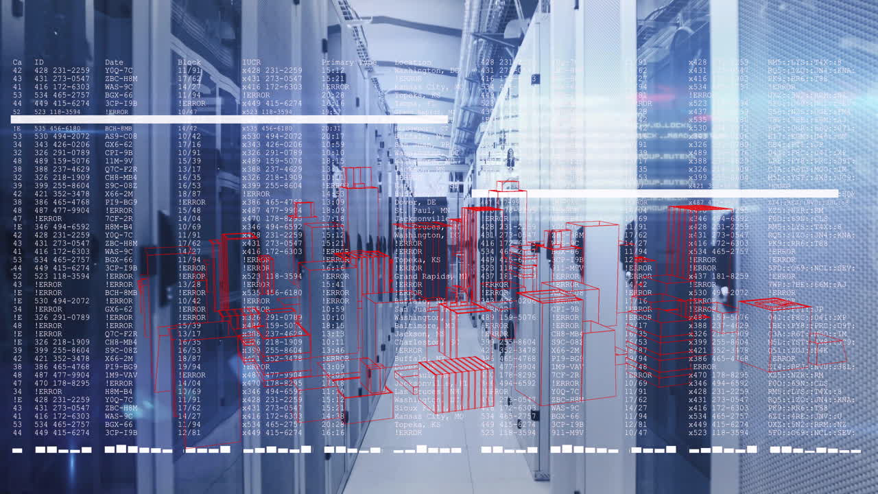 animación de procesamiento de datos sobre racks de servidores en el centro de datos moderno