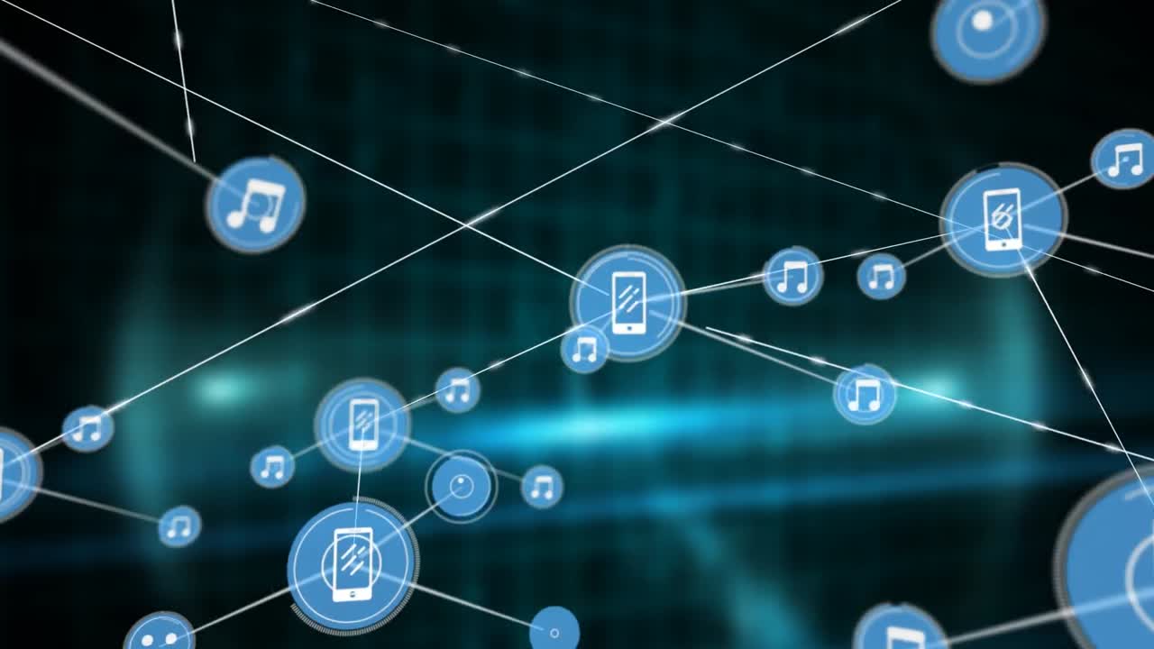 Animation of network of connections with icons over shapes on black background