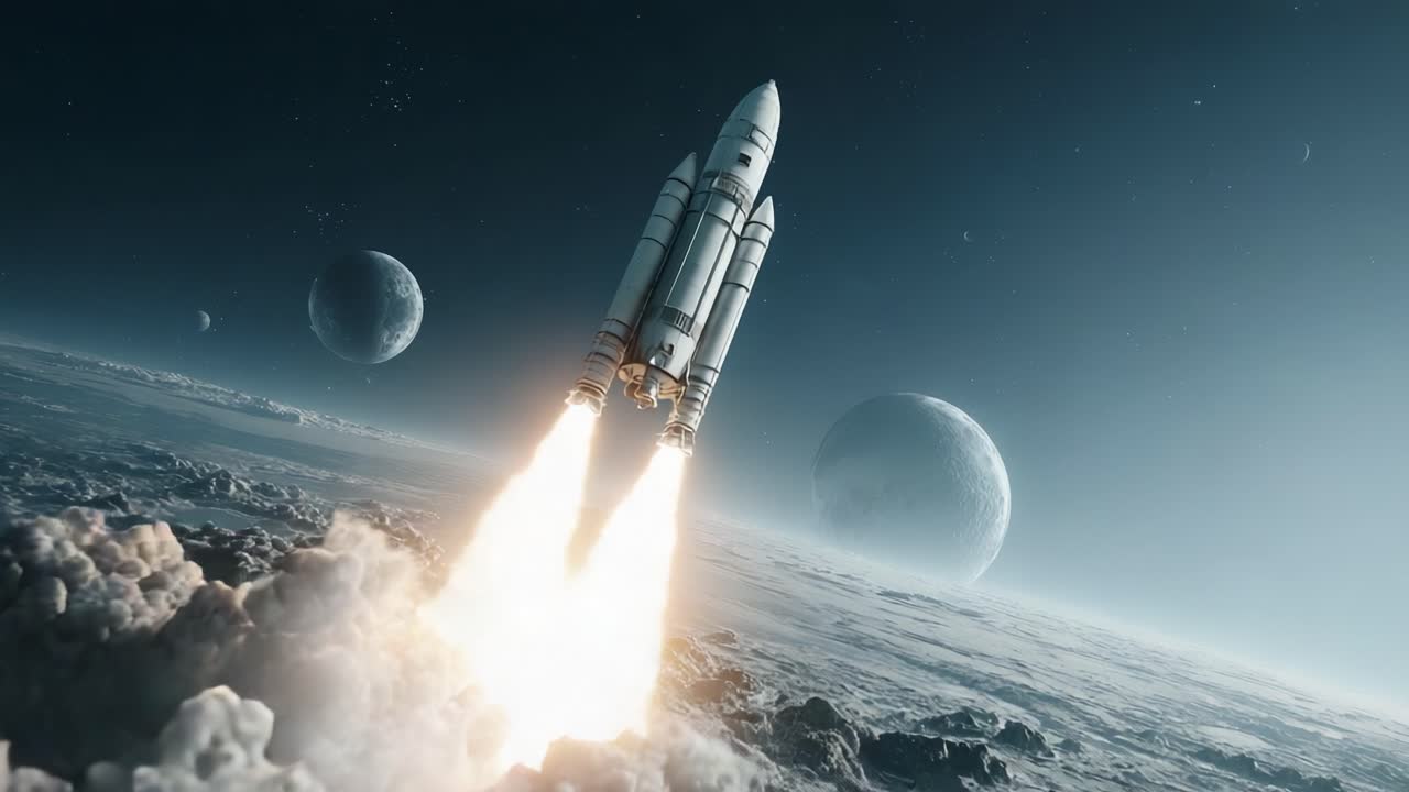 A Majestic Rocket Launching into Space, Overcoming Earth's Atmosphere, Surrounded by Celestial Bodies in a Beautiful Cosmic Scene