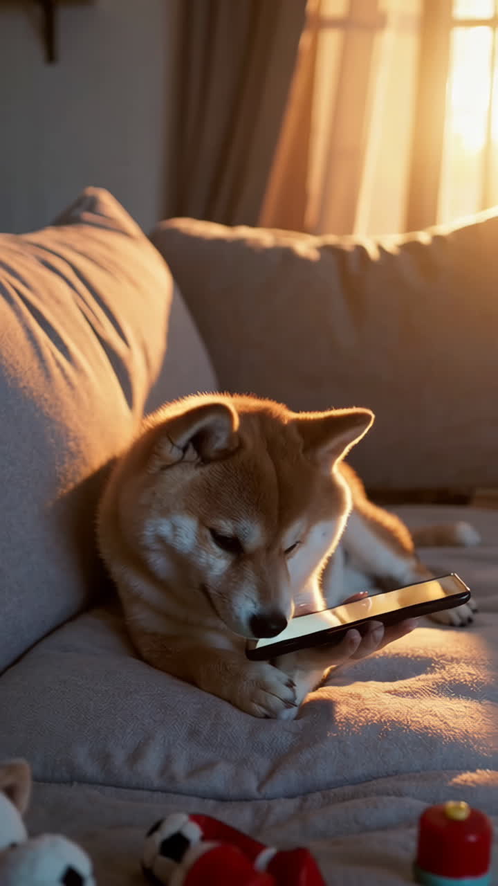 Dog Using Smartphone on Couch