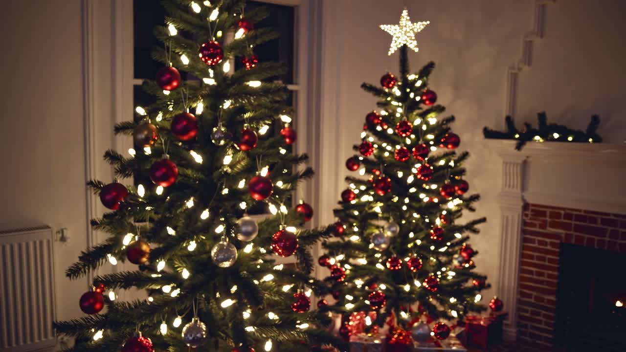Close-up, eye-level shot of a decorated Christmas tree with red and gold ornaments