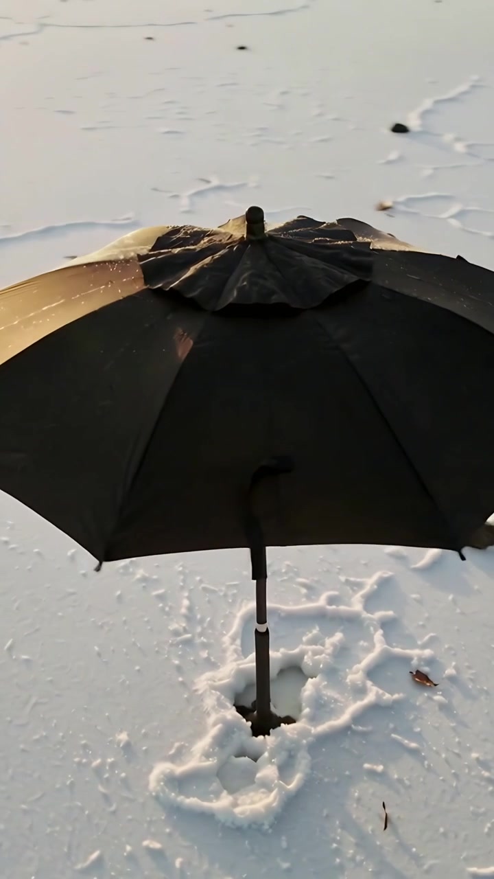 Video verticale: Telecamera che si allontana mostrando un ombrello nero piantato nel cortile per rivelare un anello e una cinghia.
