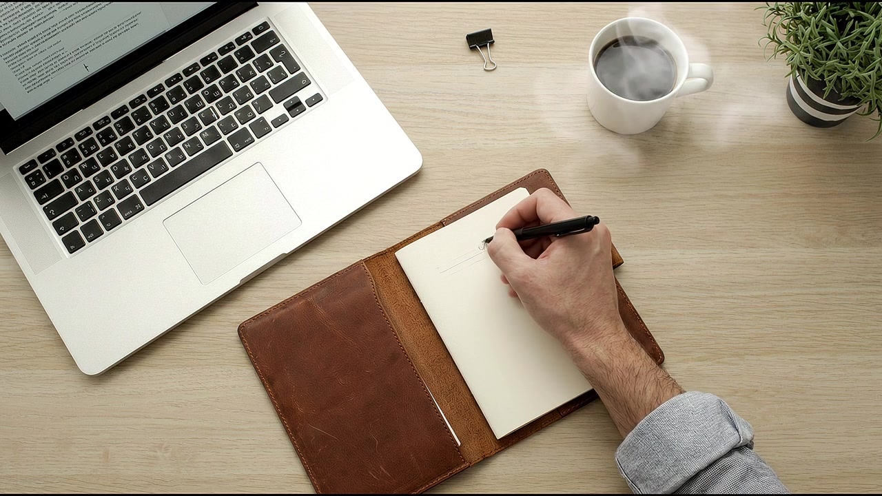 Seseorang menulis catatan di buku kulit di samping laptop dan kopi di meja kayu yang tertata rapi
