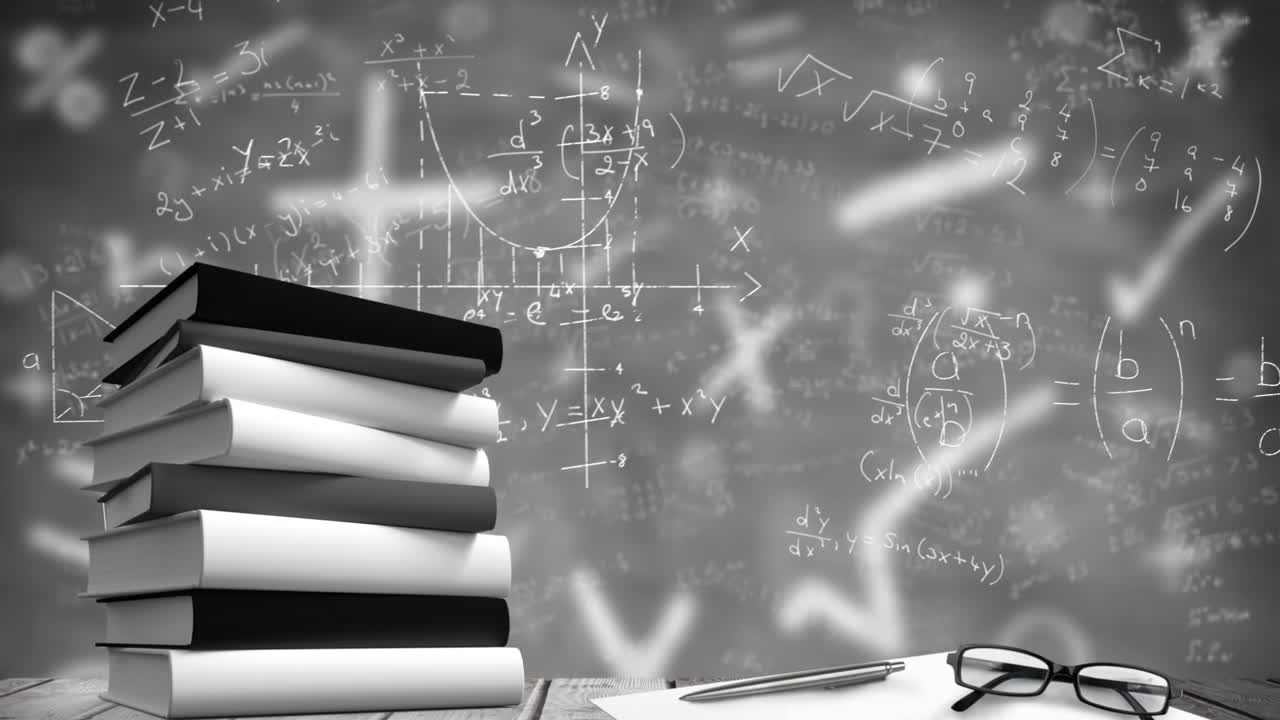 회색 배경에 떠다니는 수학 방정식에 대한 책과 안경의  ⁇ 어리