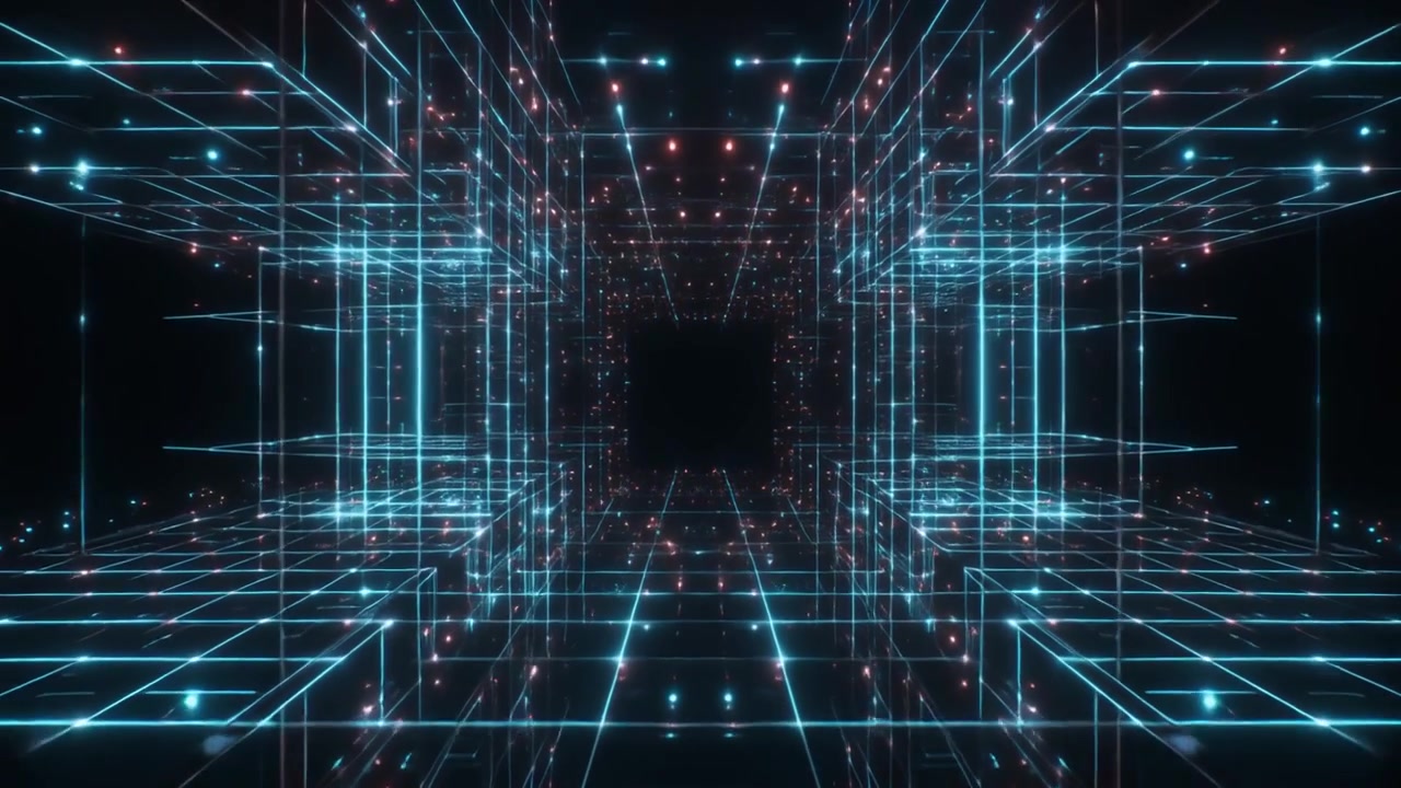 Abstract Digital Tunnel with Glowing Blue and Red Geometric Grid Lines