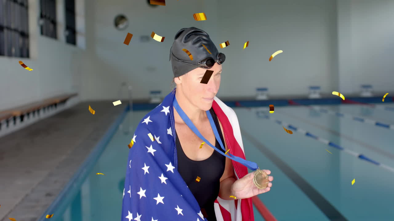 미국 메달과 발을 가진 백인 여성 수영 선수 위에 콘페티의 애니메이션