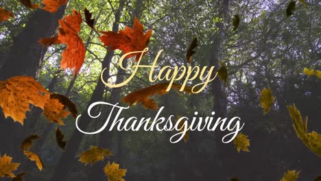 Animation-of-happy-thanksgiving-text,-autumn-leaves-falling-against-low-angle-view-of-trees-in-park