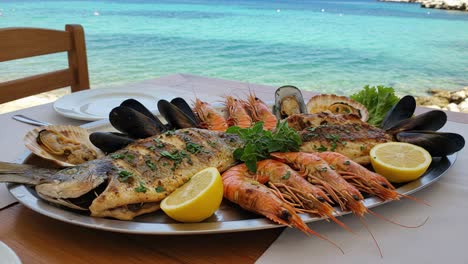 a stunning seafood platter served by the ocean: fresh grilled fish, shrimp, and shellfish with lemon garnish against a beautiful seascape backdrop