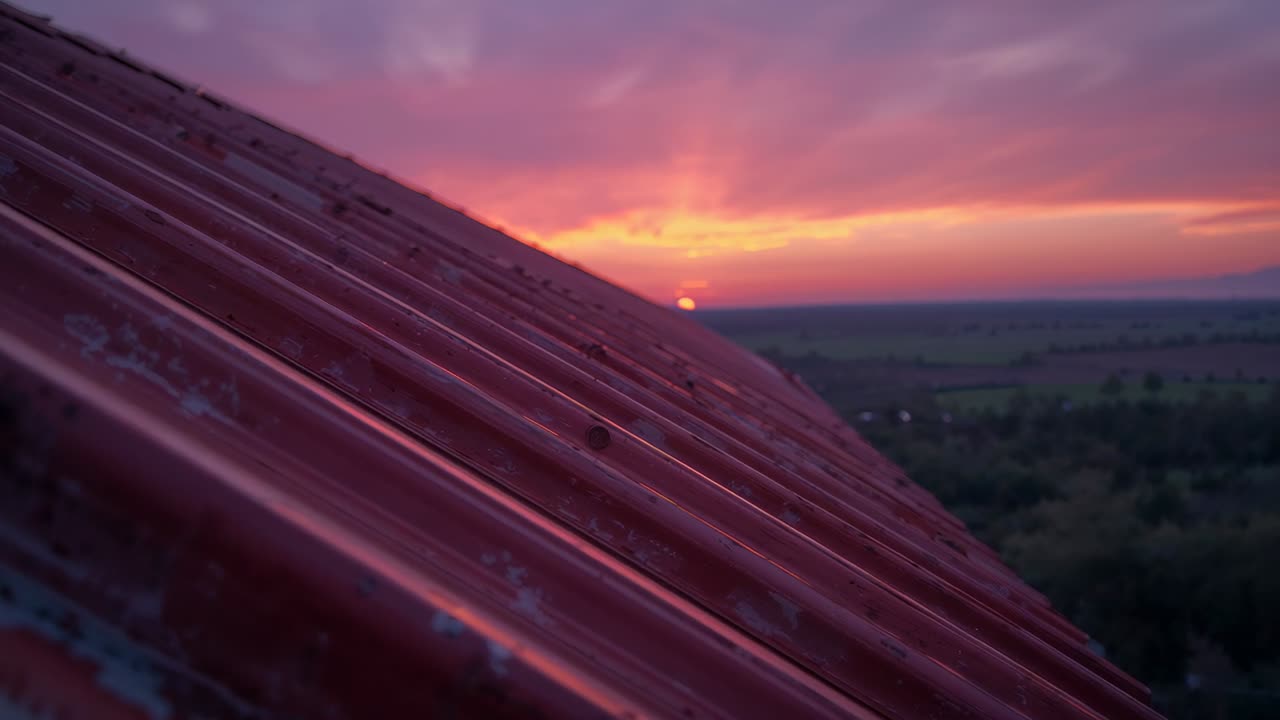 As sun sinking below horizon, camera panning down rusted roof panel on rural rooftop, with farmland