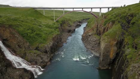 river valley with bridge, scenic aerial view