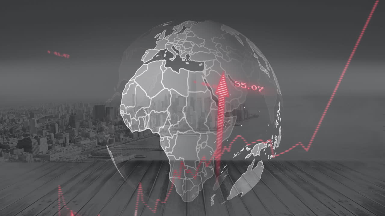 flechas rojas hacia arriba y procesamiento de datos sobre el globo gris y el paisaje urbano moderno