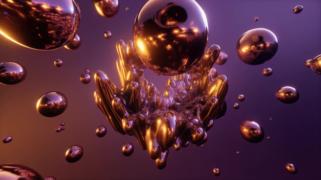 Animazione 3D astratta di sfere d'oro metalliche fluttuanti e forme liquide