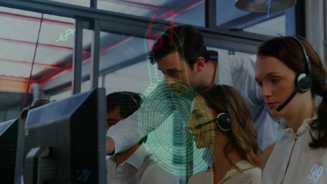 Animation of digital biometric padlock over business people using phone headsets