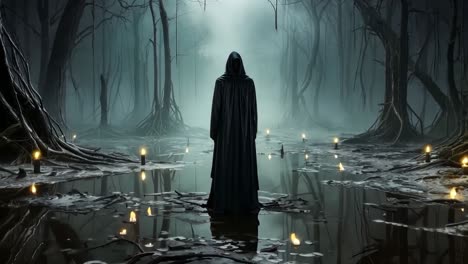 a person standing in the middle of a dark forest with candles