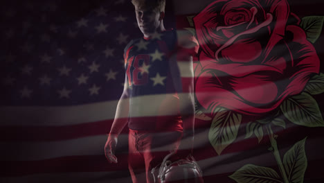 animación de un jugador de fútbol americano caucásico sobre la bandera de ee.uu. y la rosa