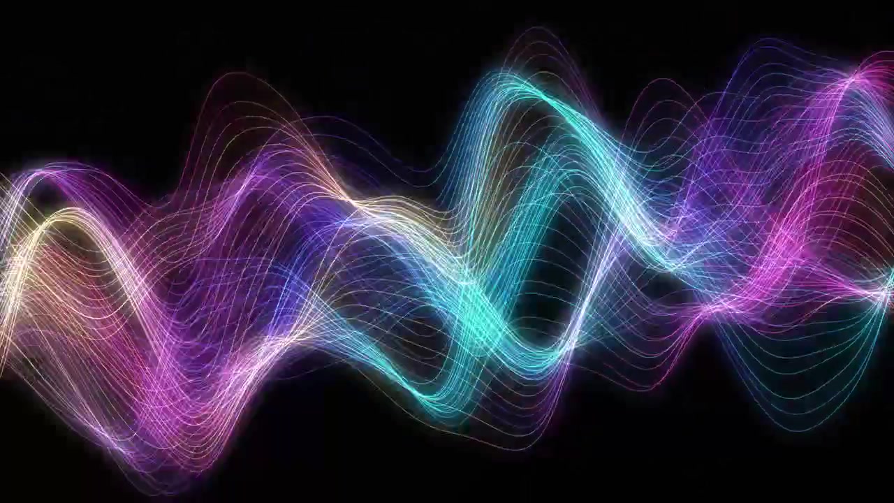 Luminescent abstract wave ribbons undulate smoothly across a dark background in a seamless loop.