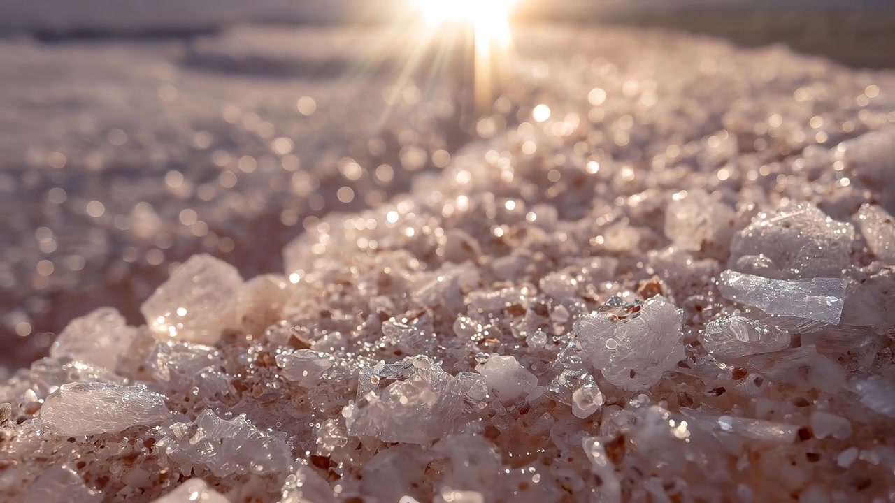 Skinnende lyserøde krystaller skifter, mens objektivet fokuserer ved solnedgang, viser solstjerne-bokeh, brune pletter