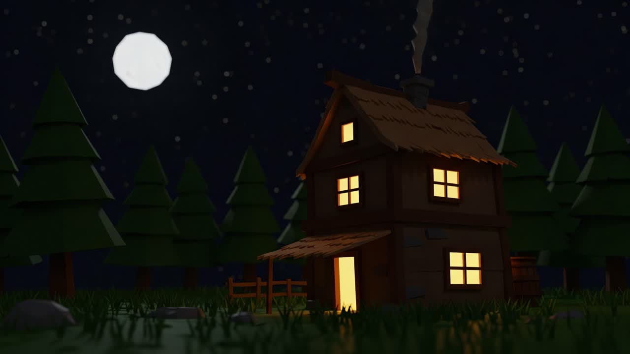 A Cozy Wooden Cabin Illuminated by Moonlight Surrounded by Lush Trees on a Starry Night, Creating a Tranquil and Enigmatic Atmosphere