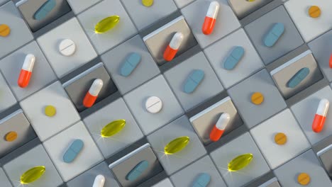 various pharmaceutical medicine pills 3d render seamless loop animation