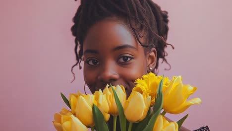 portrait of a smiling black woman with dreadlocks holding yellow tulips