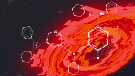 Animación-De-Procesamiento-De-Círculos-Y-Hexágonos-Sobre-Fondo-Oscuro-Con-Luces-En-Movimiento