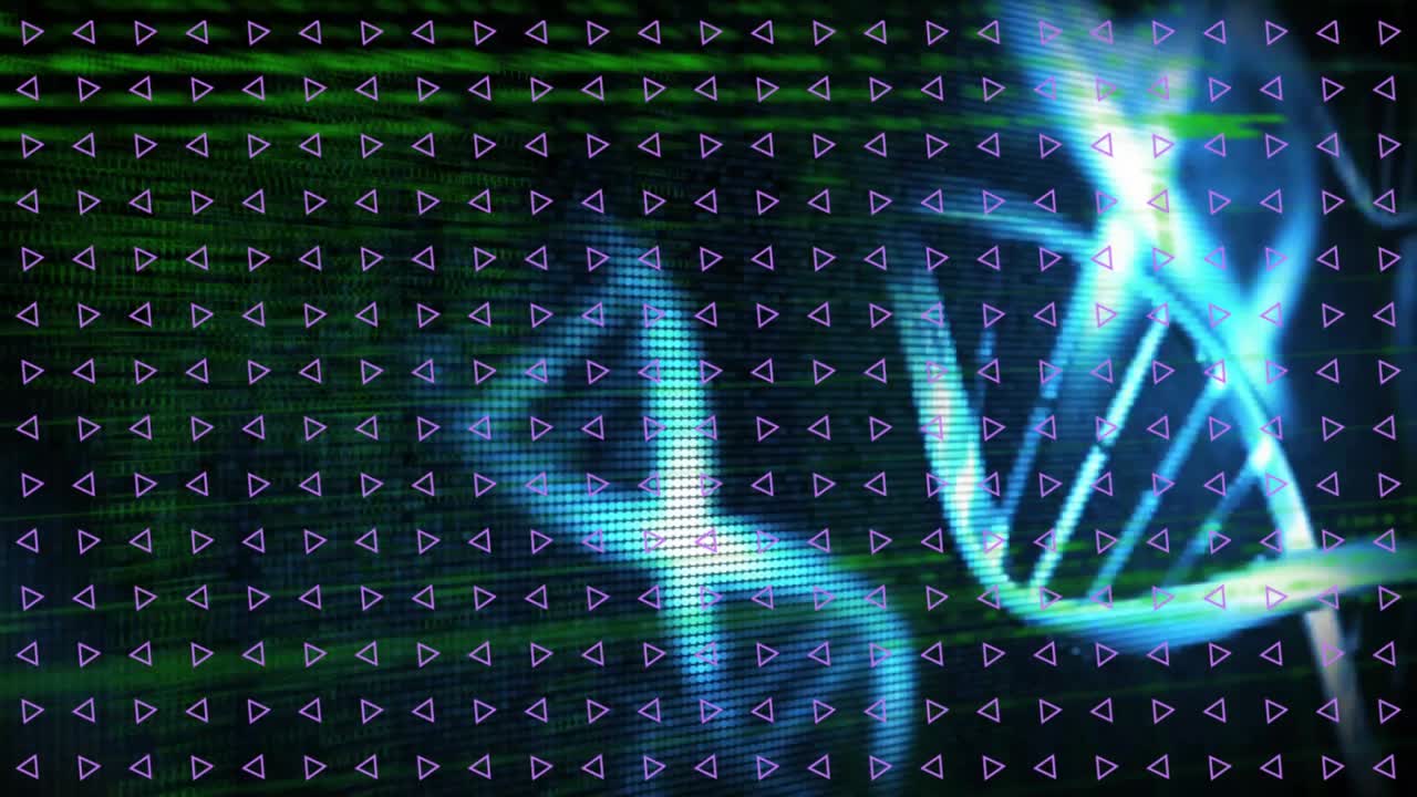 Dark interface launching glowing DNA helix over code grid, rotating clockwise and looping at center