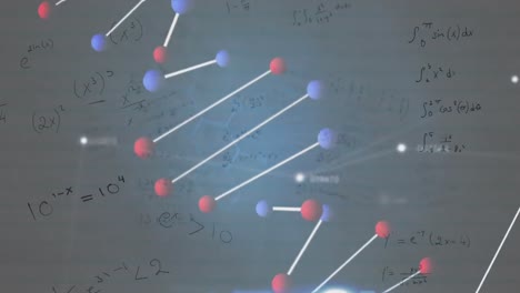 animación de cadenas de adn y números cambiantes, procesamiento de datos médicos en fondo gris