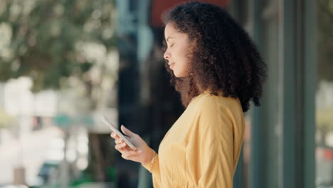 phone, thinking and woman typing in city